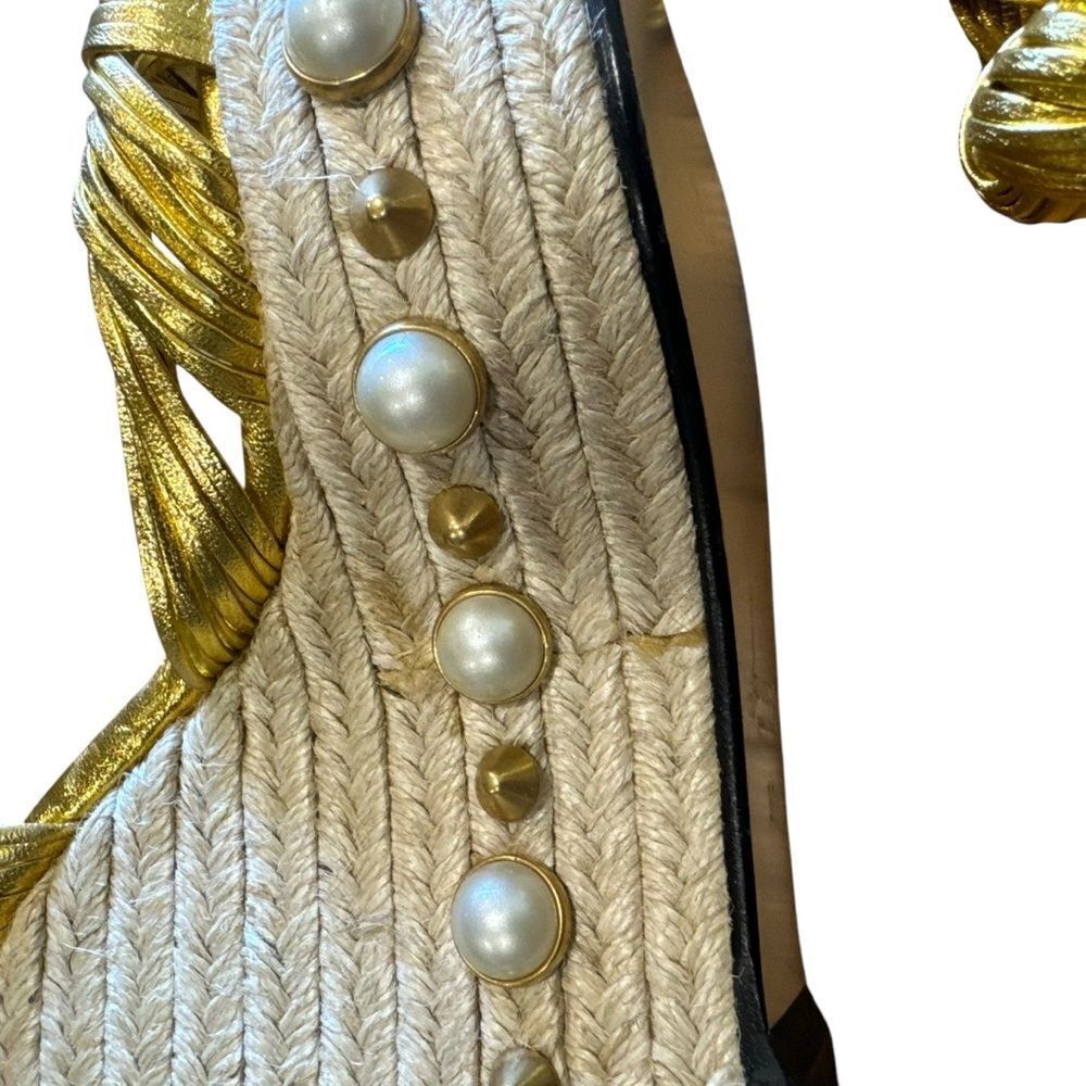 Gucci Barbette Knotted Leather Gold Metallic Pearl Platform Wedge Sandals - Picture 14 of 15